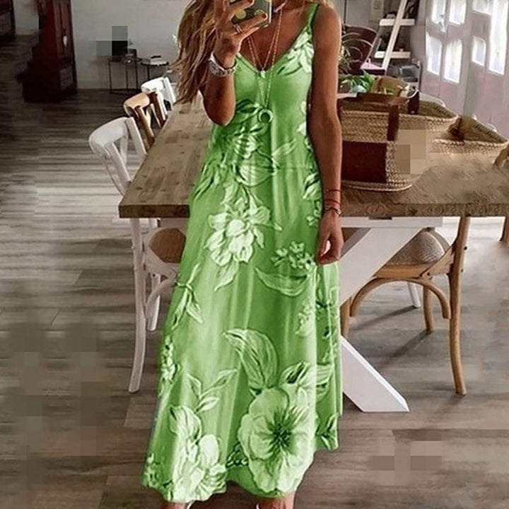 Women's Maxi Dress - Sleeveless Floral Print - V-Neck Spaghetti Straps Casual Wear