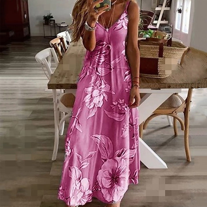 Women's Maxi Dress - Sleeveless Floral Print - V-Neck Spaghetti Straps Casual Wear