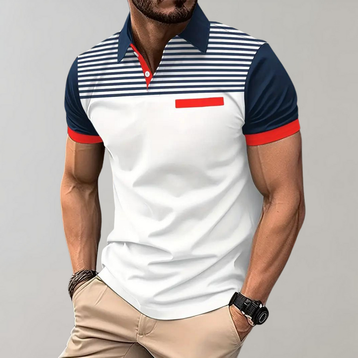 Men’s Polo Shirt – Slim Fit – Breathable Blend – Striped Chest – Contrast Collar & Cuffs
