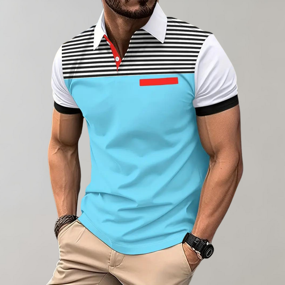 Men’s Polo Shirt – Slim Fit – Breathable Blend – Striped Chest – Contrast Collar & Cuffs