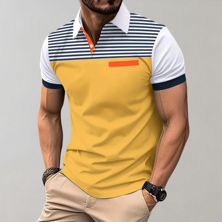 Men’s Polo Shirt – Slim Fit – Breathable Blend – Striped Chest – Contrast Collar & Cuffs