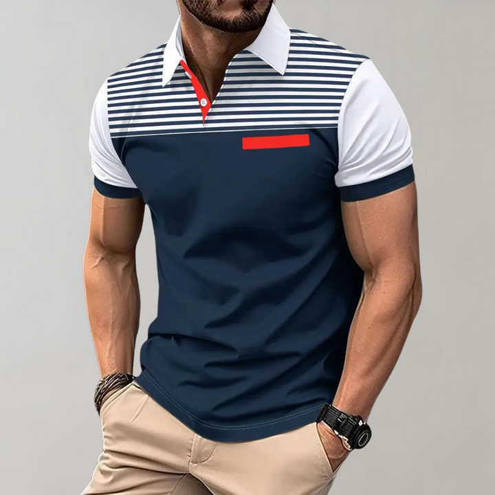Men’s Polo Shirt – Slim Fit – Breathable Blend – Striped Chest – Contrast Collar & Cuffs