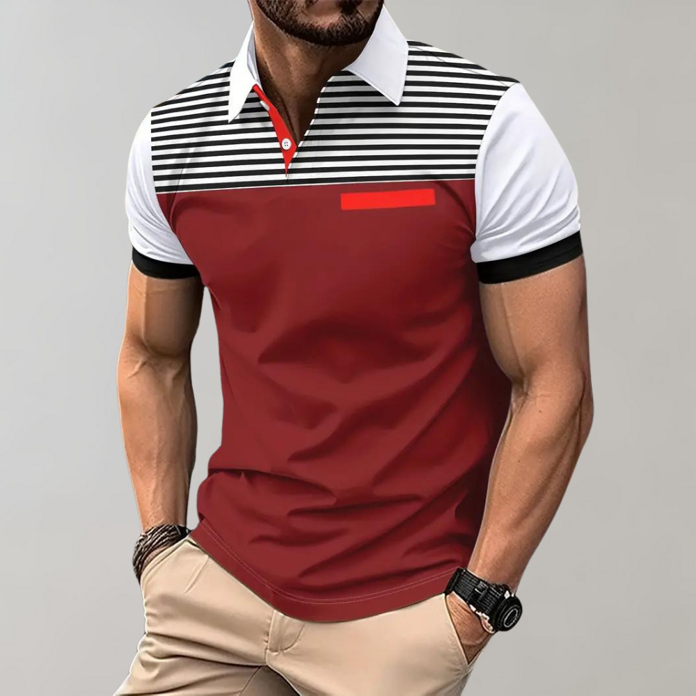 Men’s Polo Shirt – Slim Fit – Breathable Blend – Striped Chest – Contrast Collar & Cuffs