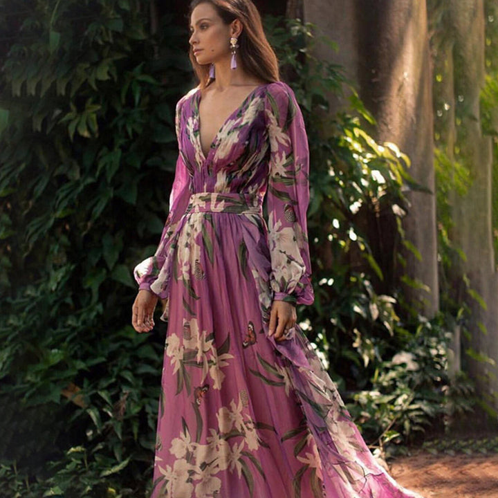Women's Maxi Dress - Floral Print - Deep V-Neck - Long Sleeve - Elegant & Flowy