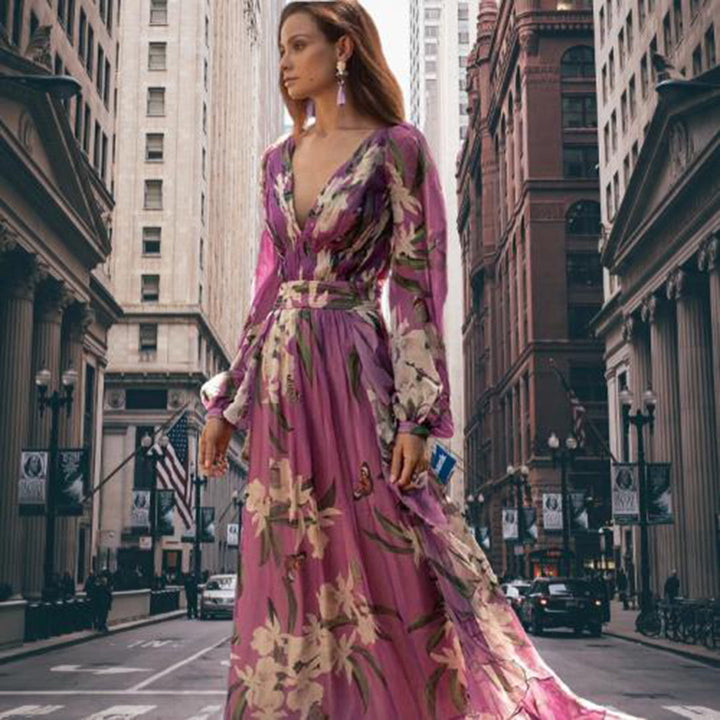 Women's Maxi Dress - Floral Print - Deep V-Neck - Long Sleeve - Elegant & Flowy