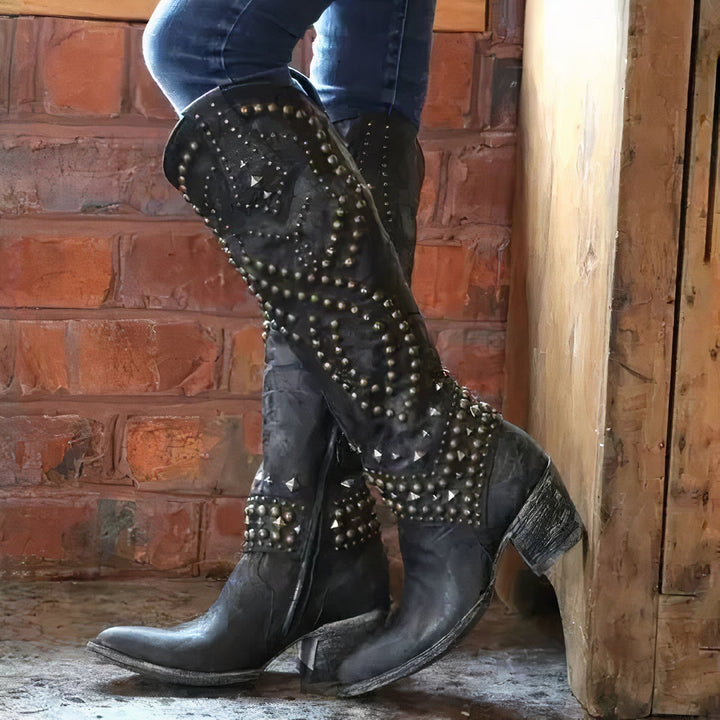 Women’s Knee-High Boots – Rivet Detail – Thick Heel – Side Zipper