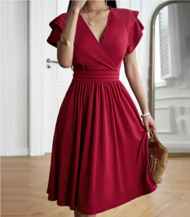 Women’s Midi Dress – Elegant Wrap Bodice – Flutter Sleeves – Flowy A-Line Fit