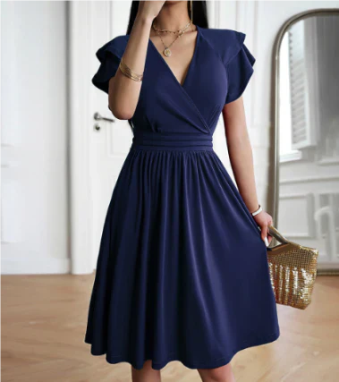 Women’s Midi Dress – Elegant Wrap Bodice – Flutter Sleeves – Flowy A-Line Fit