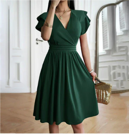 Women’s Midi Dress – Elegant Wrap Bodice – Flutter Sleeves – Flowy A-Line Fit