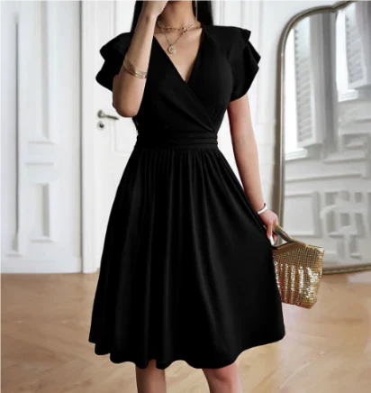 Women’s Midi Dress – Elegant Wrap Bodice – Flutter Sleeves – Flowy A-Line Fit