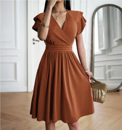Women’s Midi Dress – Elegant Wrap Bodice – Flutter Sleeves – Flowy A-Line Fit