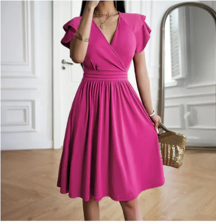 Women’s Midi Dress – Elegant Wrap Bodice – Flutter Sleeves – Flowy A-Line Fit