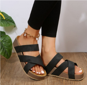 Women’s Sandals – Textured Braided Straps – Cushioned Footbed – Open Toe Slip-On