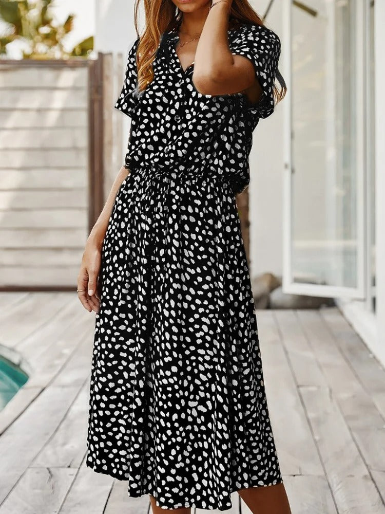 Women’s Midi Dress - Relaxed Fit - Breathable Blend - Button Front - Adjustable Waist