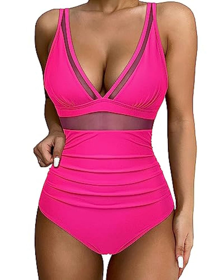 Women’s Swimsuit – Plunging Neckline – Mesh Detail – High-Cut Leg – Breathable Blend