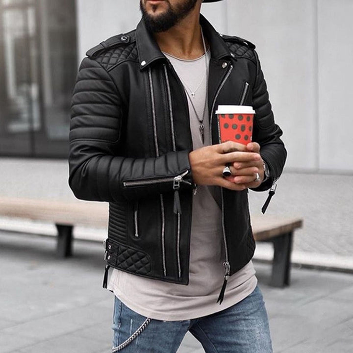 Men's Moto Jacket - Slim Fit - Quilted Panels - Asymmetrical Zip - Zipper Accents