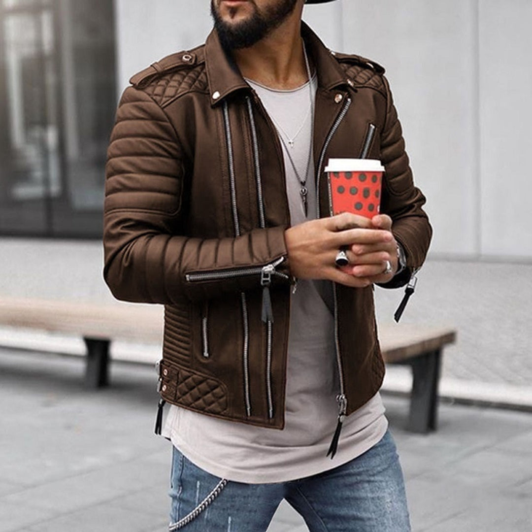 Men's Moto Jacket - Slim Fit - Quilted Panels - Asymmetrical Zip - Zipper Accents