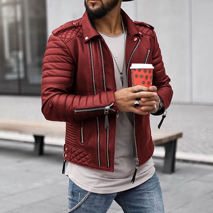 Men's Moto Jacket - Slim Fit - Quilted Panels - Asymmetrical Zip - Zipper Accents