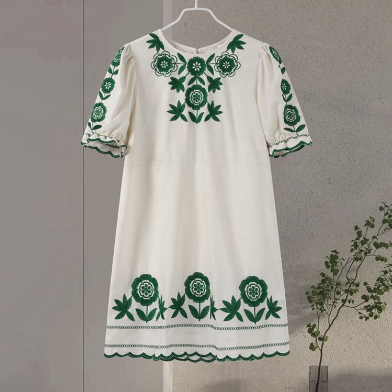 Women's Short Dress - Floral Embroidery - Puff Sleeve - Lightweight Casual Wear
