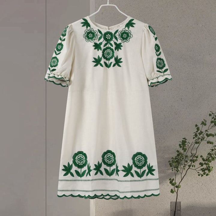 Women's Short Dress - Floral Embroidery - Puff Sleeve - Lightweight Casual Wear