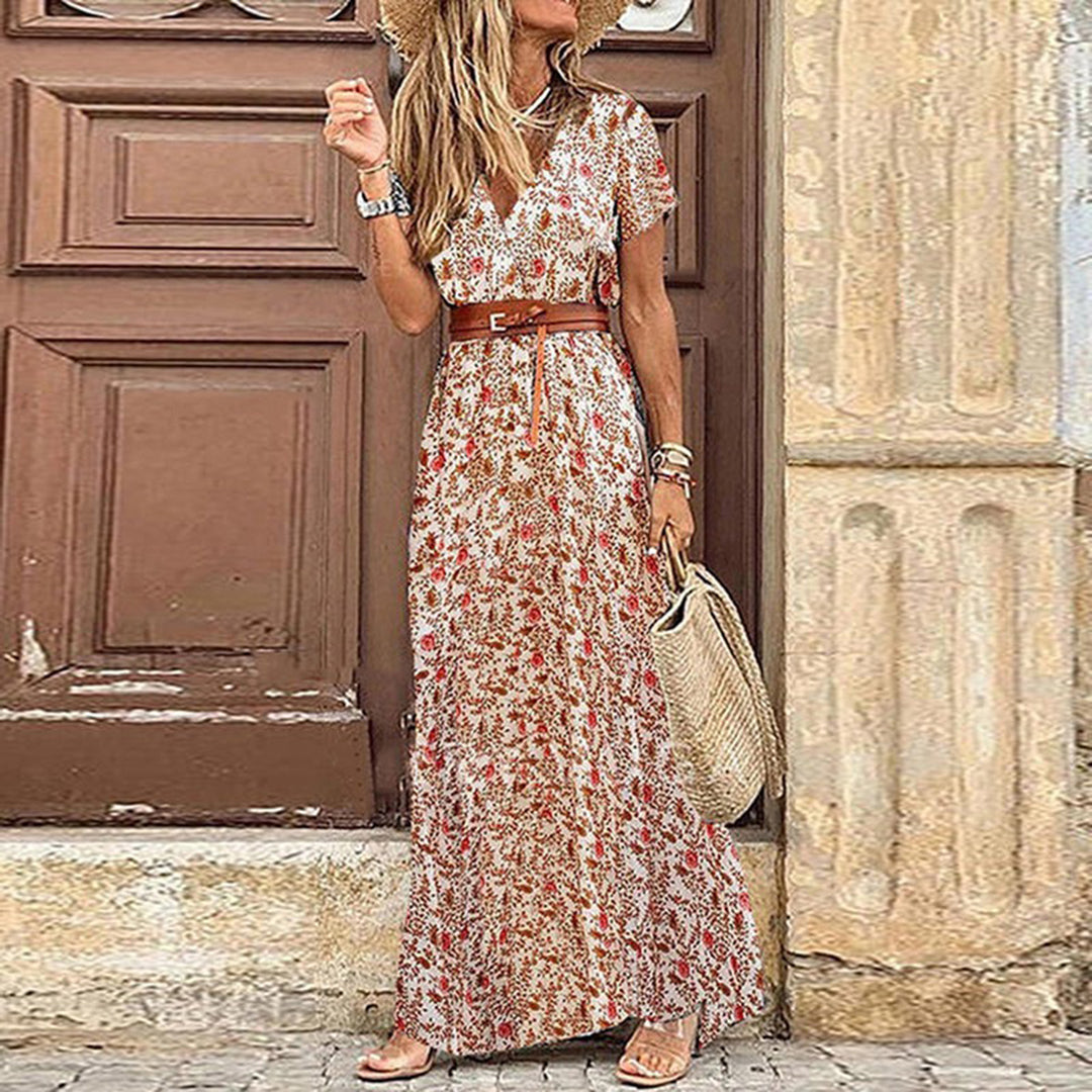 Women's Maxi Dress - Bohemian Paisley Print - V-Neck - Short Sleeve - Flowy Slit Skirt