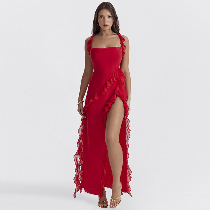 Women’s Evening Gown - Floor-Length - Square Neck - Ruffle Detail - High Slit