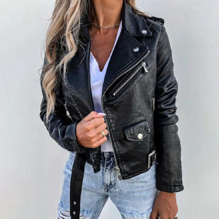 Women’s Biker Jacket – Tailored Fit – Cropped Length – Asymmetrical Zip – Waist Belt