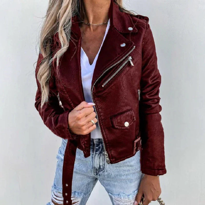Women’s Biker Jacket – Tailored Fit – Cropped Length – Asymmetrical Zip – Waist Belt