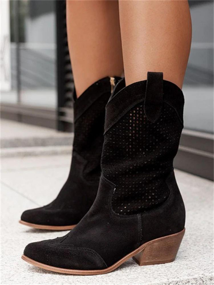 Women’s Cowboy Boots – Mid-Calf Height – Perforated Upper – Medium Heel – Side Zip