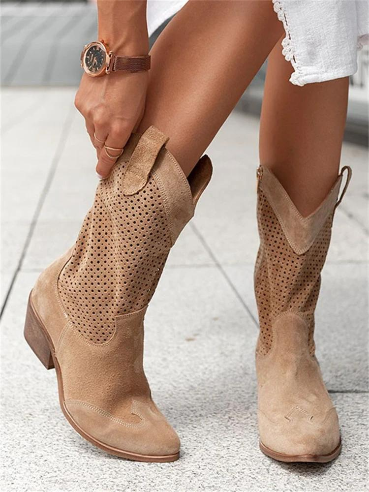 Women’s Cowboy Boots – Mid-Calf Height – Perforated Upper – Medium Heel – Side Zip