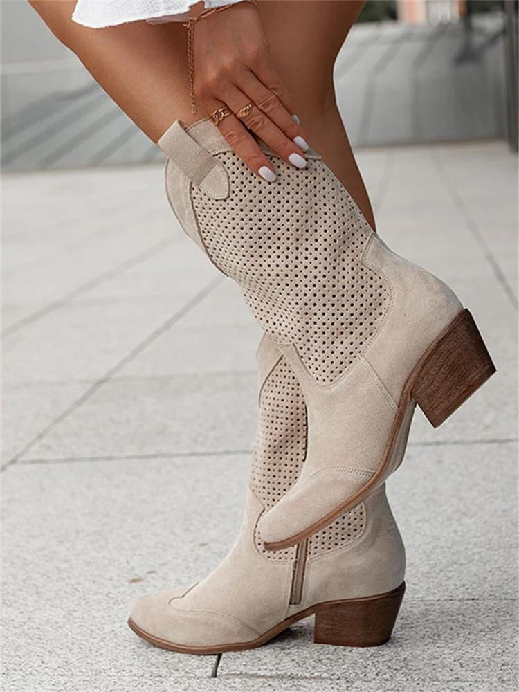 Women’s Cowboy Boots – Mid-Calf Height – Perforated Upper – Medium Heel – Side Zip