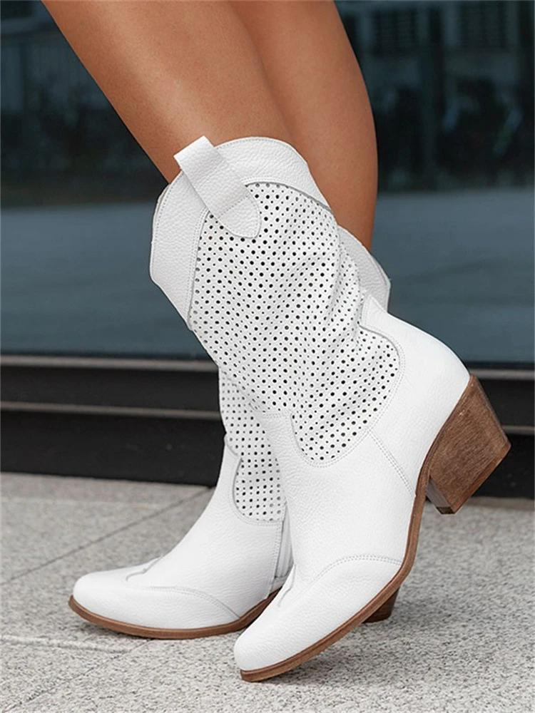 Women’s Cowboy Boots – Mid-Calf Height – Perforated Upper – Medium Heel – Side Zip