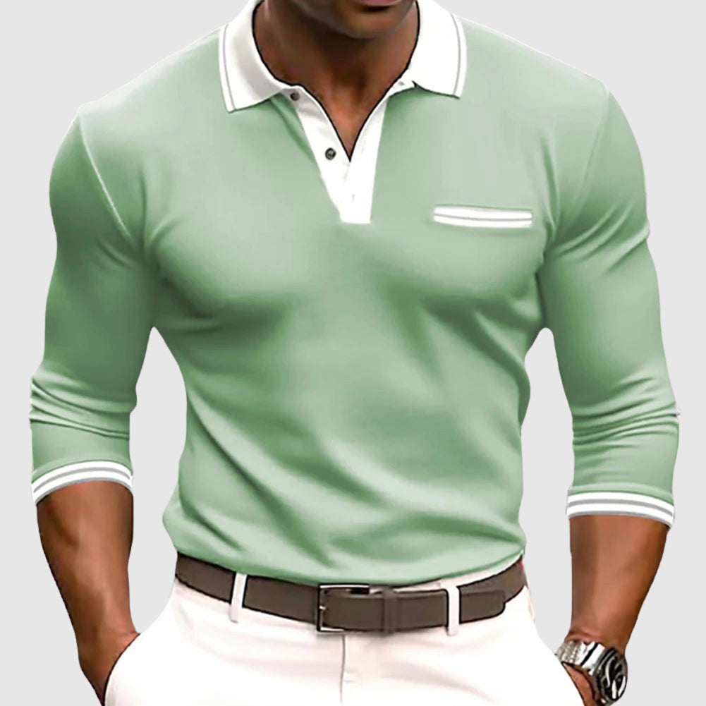 Men's Long Sleeve Shirt - Slim Fit - Breathable Feel - Polo Collar - Chest Pocket