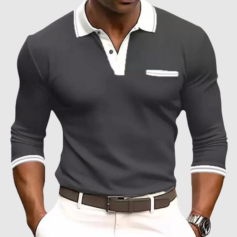 Men's Long Sleeve Shirt - Slim Fit - Breathable Feel - Polo Collar - Chest Pocket
