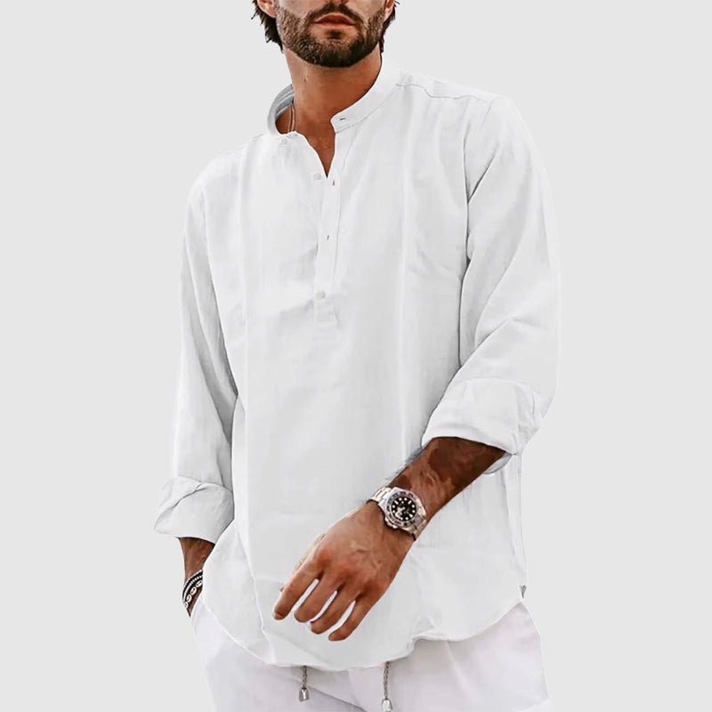 Men’s Henley Shirt – Relaxed Fit – Long Sleeve – Band Collar – Breathable Natural Fibers