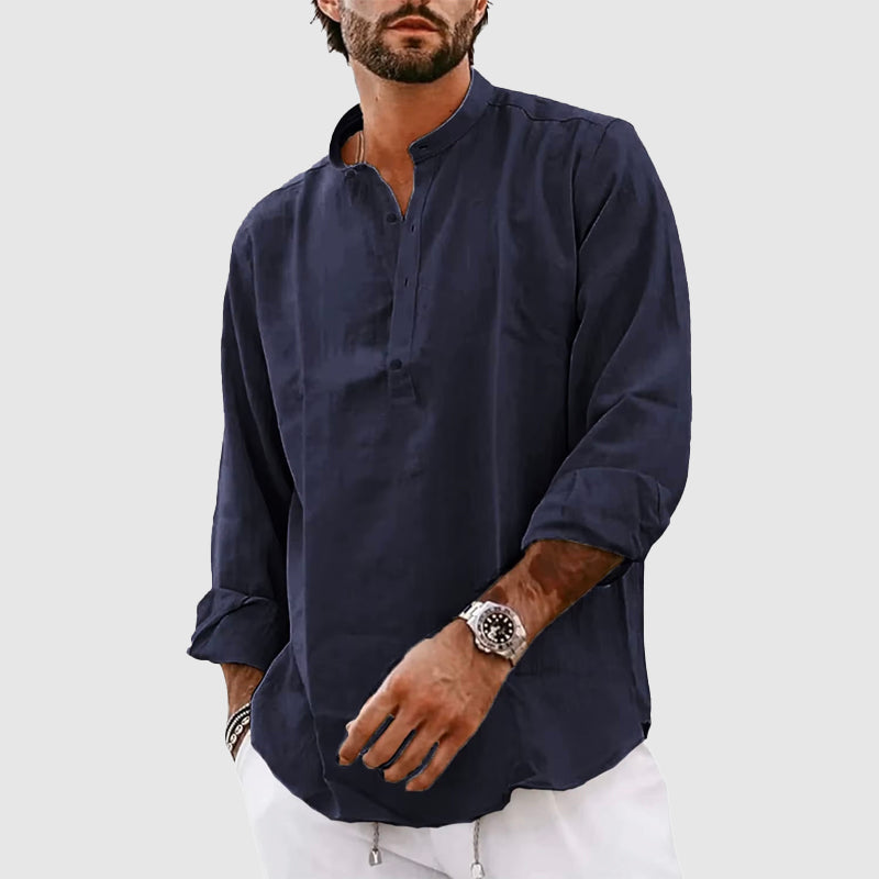 Men’s Henley Shirt – Relaxed Fit – Long Sleeve – Band Collar – Breathable Natural Fibers