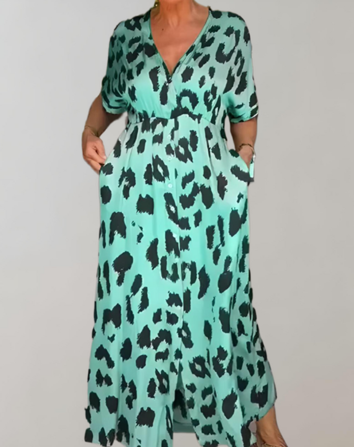 Women's Maxi Dress - V-Neck - Short Sleeve - Flowy Silhouette with Pockets