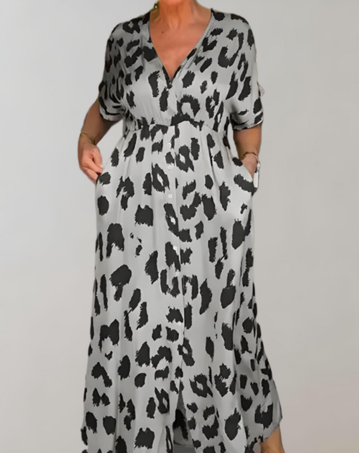 Women's Maxi Dress - V-Neck - Short Sleeve - Flowy Silhouette with Pockets