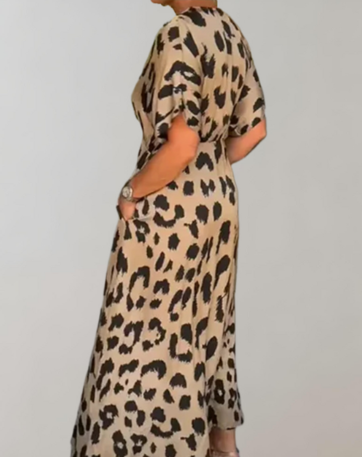 Women's Maxi Dress - V-Neck - Short Sleeve - Flowy Silhouette with Pockets