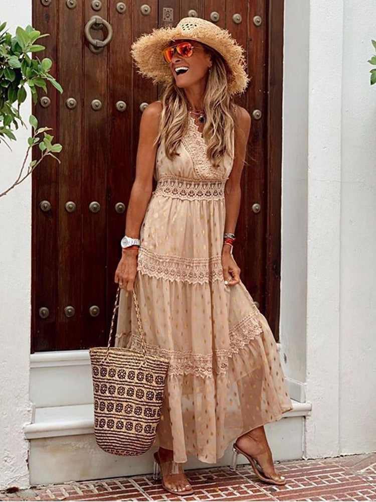Women's Maxi Dress - Sleeveless Tiered Design - Lace Detailing - Flowy Boho Style