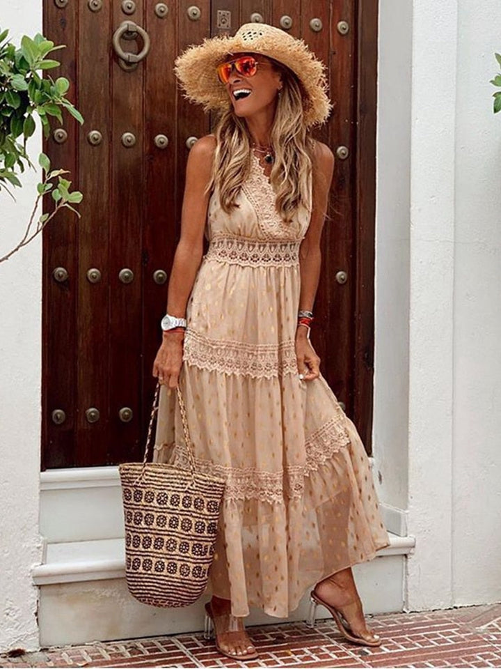 Women's Maxi Dress - Sleeveless Tiered Design - Lace Detailing - Flowy Boho Style