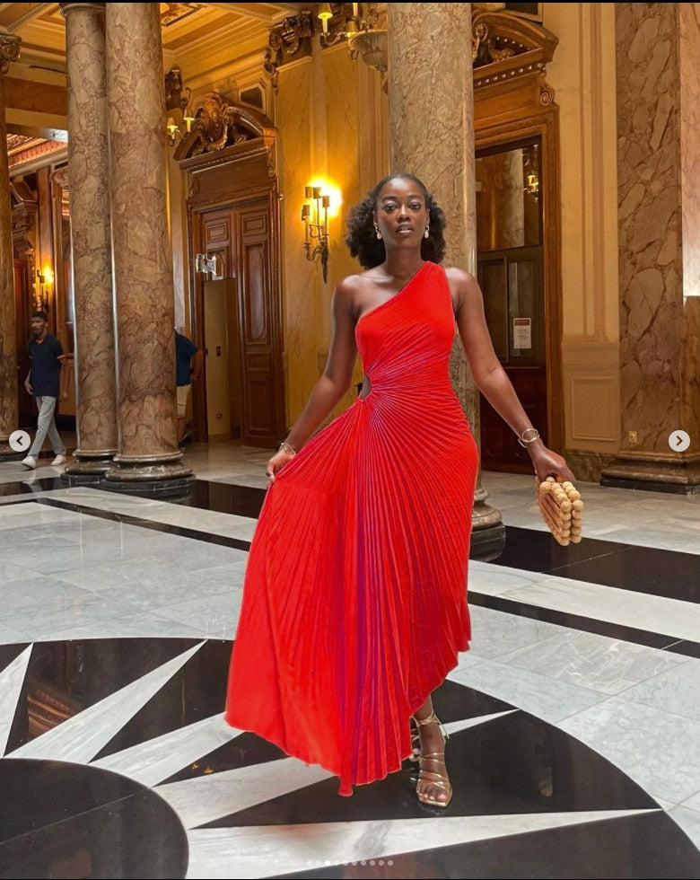 Women's Evening Gown - One-Shoulder - Pleated Draped Design - Floor-Length Elegant Fit