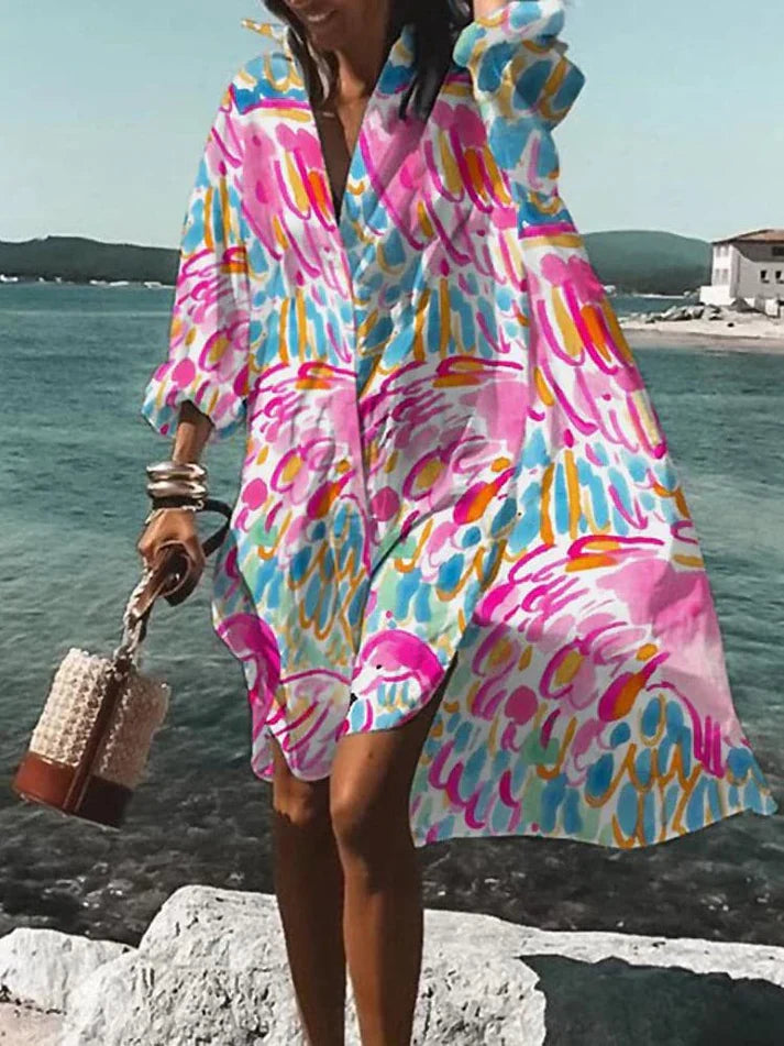 Women's Geometric Dress - Loose Fit - V-Neck - Long Sleeve Flowy Casual Wear