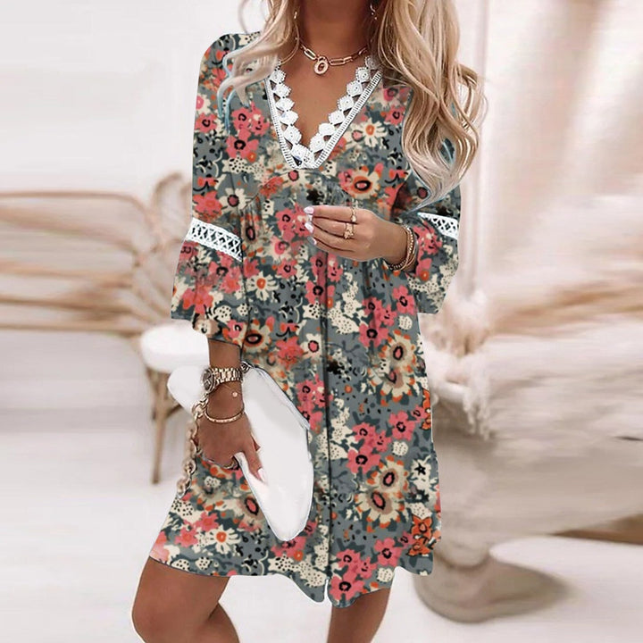 Women’s Knee-Length Dress – Relaxed Fit – V-Neck Lace Trim – Flared Sleeve – Floral Print – Breathable Blend