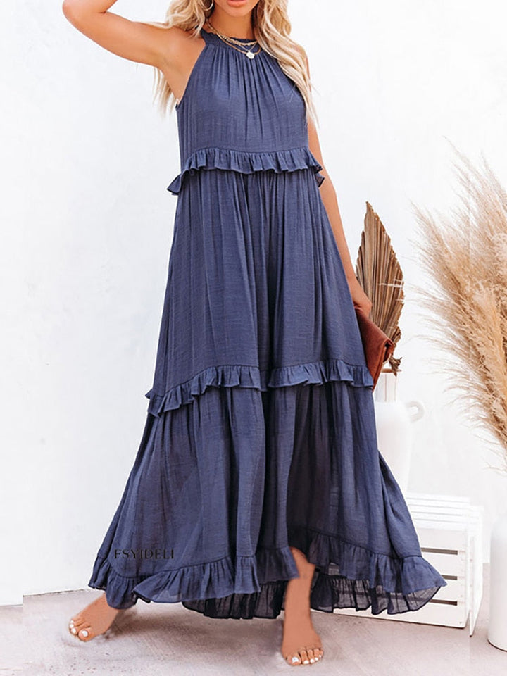 Women’s Maxi Dress – Flowing Fit – Halter Neck – Tiered Skirt – Natural Fibers