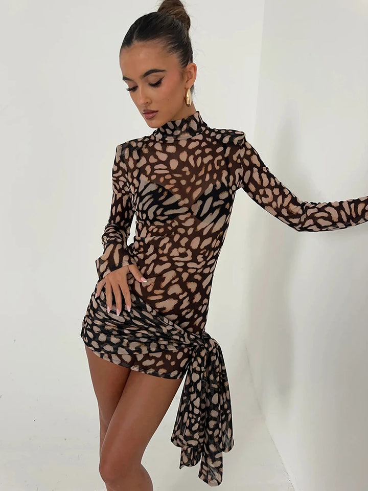Women's Mini Dress - Animal Print - High Neck - Long Sleeve - Bodycon Fit - Side Tie