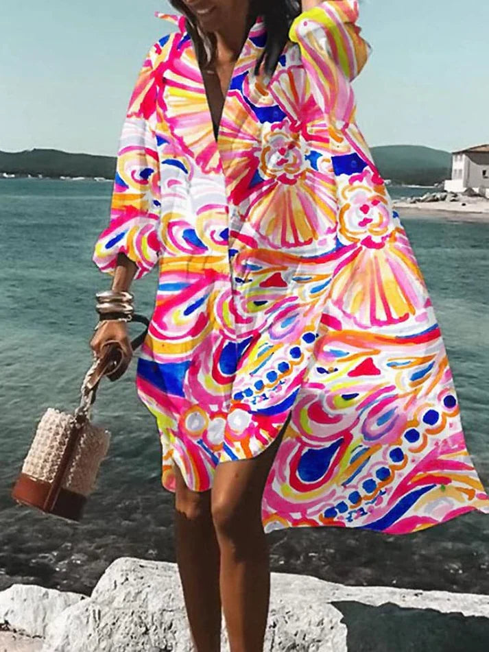 Women's Geometric Dress - Loose Fit - V-Neck - Long Sleeve Flowy Casual Wear