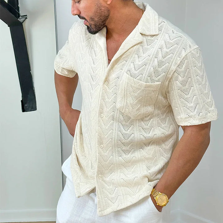 Men’s Knit Shirt – Jacquard Chevron Texture – Relaxed Fit – Short Sleeve Casual Collar