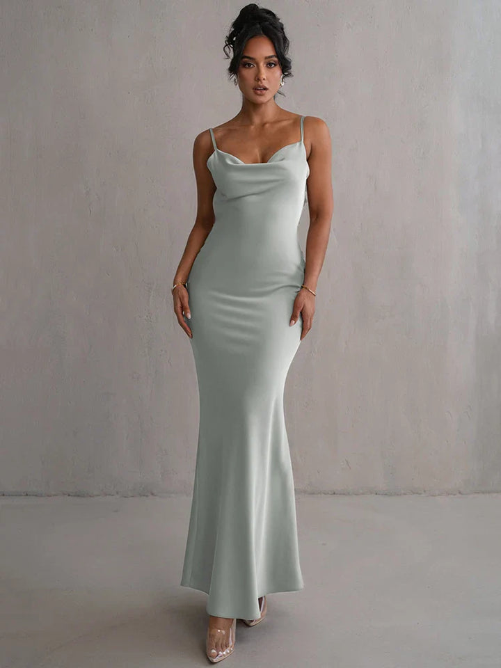 Women's Evening Gown - Satin Floor-Length - Cowl Neck - Spaghetti Straps Elegant Fit