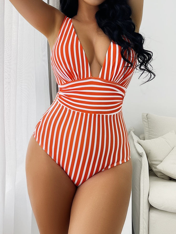 Women’s One-Piece Swimsuit – Slim Fit – Deep V-Neck – Striped Design – Stretch Fabric